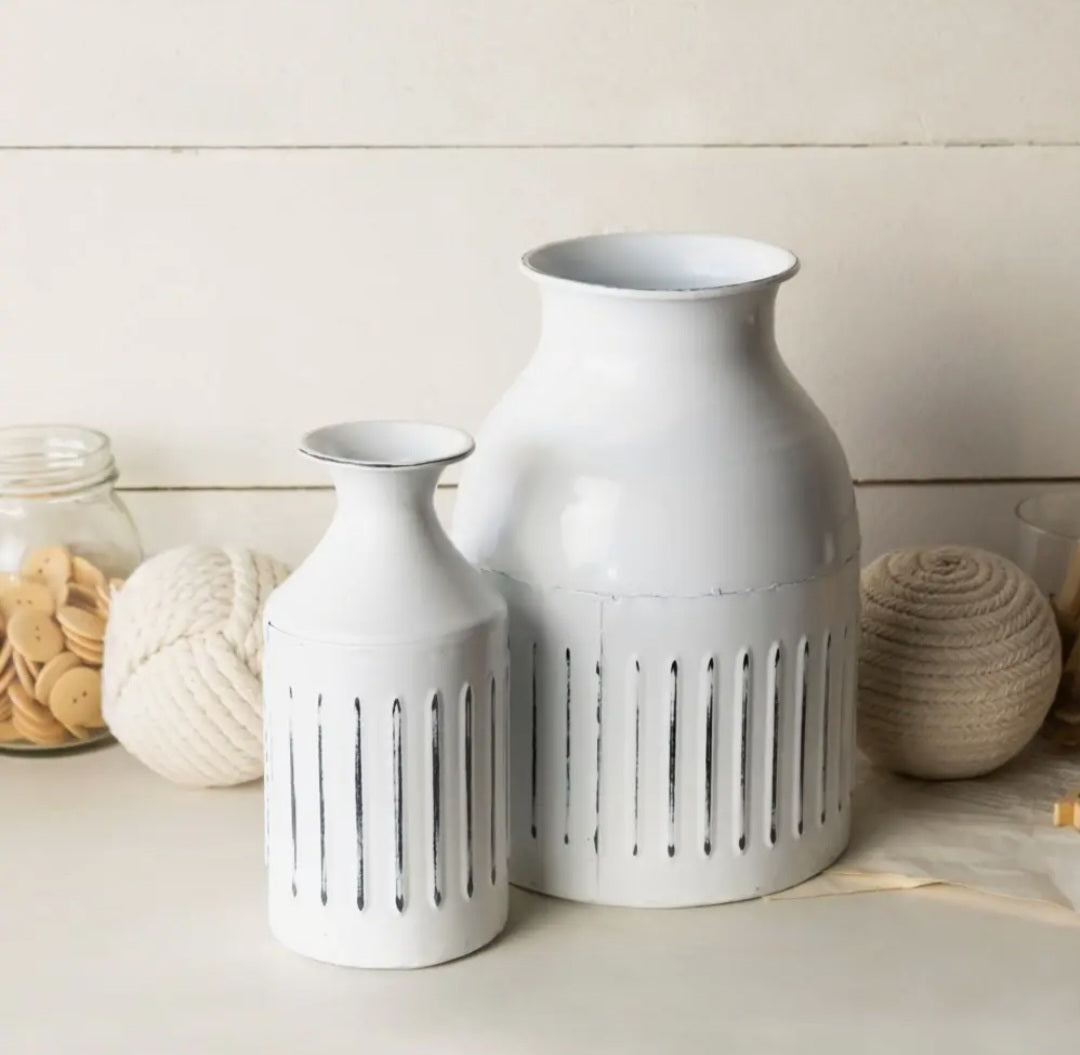 Whitewashed Metal Vases - Set of 2
